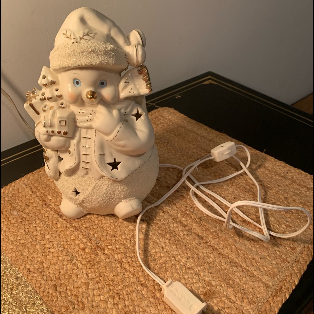 Rare Vintage International Bazaar Ceramic Lighted  Christmas Snowman Lamp